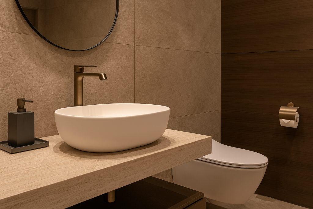 Modern designer wash basins and closets in a luxury Bangalore bathroom