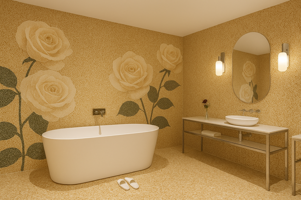 Luxury Bisazza Bathroom in Bangalore with elegant floral mosaic tiles and modern bathtub